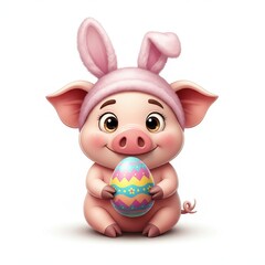 Cute Pig with Bunny Ears and Easter Egg Costume - This adorable cartoon pig, wearing bunny ears and holding a colorful Easter egg, captures the spirit of spring and festive celebrations.