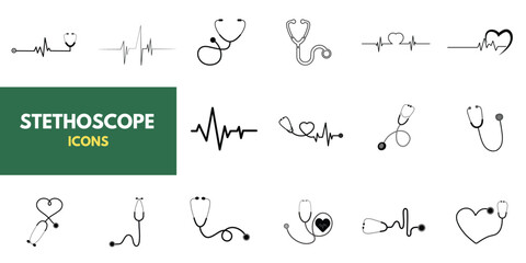 A set of stethoscope icons, medical design elements, and clipart. The theme is medicine, pandemics, health care, and treatment. 