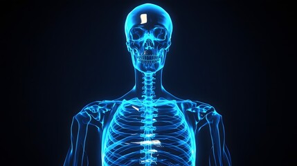 Glowing Blue X Ray Style Skeleton with Detailed Anatomical Structure and Highlights Depicting a Modern Futuristic Medical or Scientific Concept