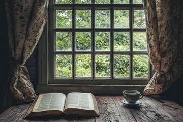 Open book teacup window rustic setting peaceful scene