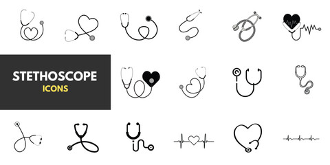 A set of stethoscope icons, medical design elements, and clipart. The theme is medicine, pandemics, health care, and treatment. 