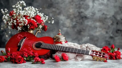 Red guitar, roses, textured background.  Romantic still life for music, love themes