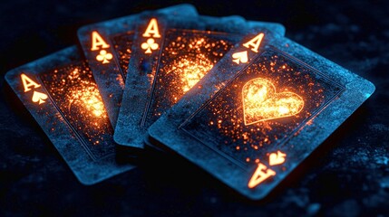 Glowing playing cards with neon effects and a black background create a captivating wallpaper theme for anime fans