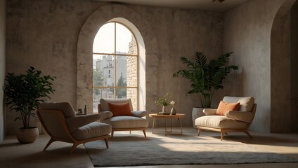 Fototapeta premium Sun-drenched living room with three chairs, coffee table, greenery, and textured walls