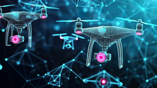 Futuristic drones navigating digital network in synchrony