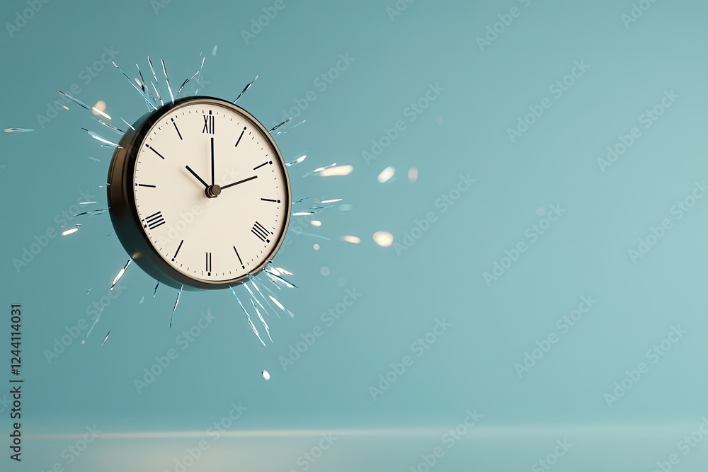 Poster surreal representation of broken clock face suspended in mid-air with glowing fragments trailing int