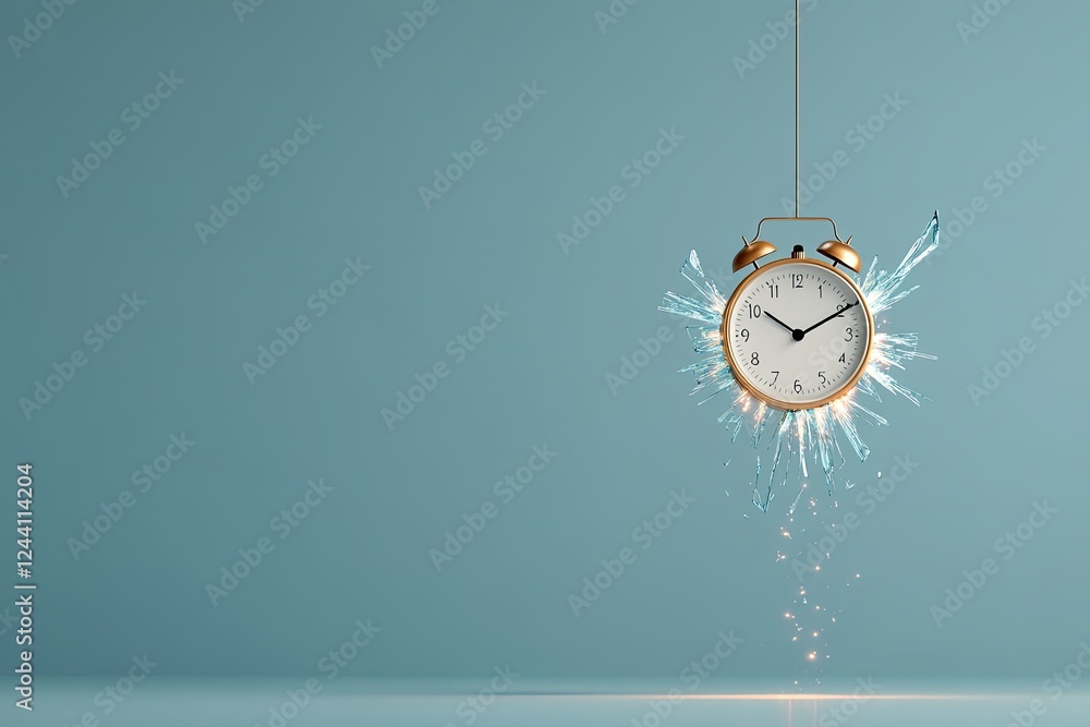 Aufkleber surreal representation of broken clock face suspended in mid-air with glowing fragments trailing int
