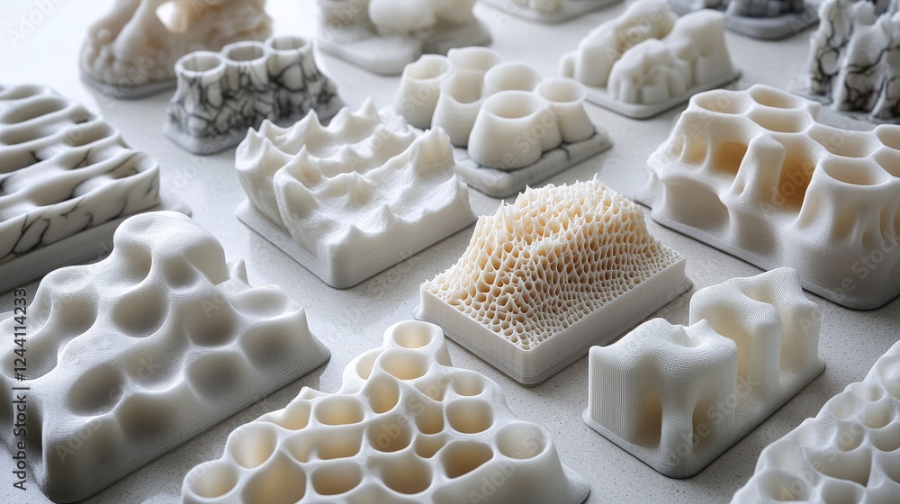Poster a diverse collection of intricate 3d-printed sculptures showcasing unique textures and forms