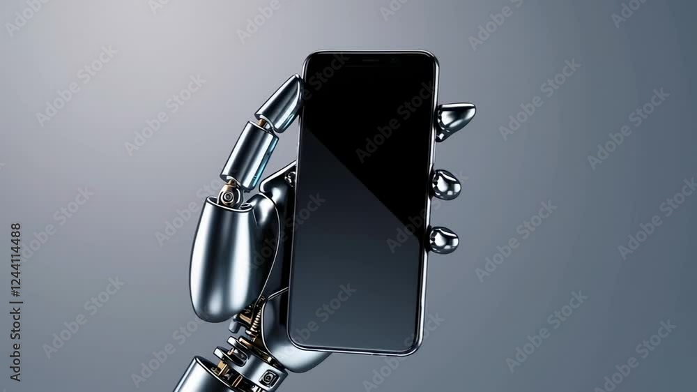 Poster metallic robotic hand interacting with a smartphone, displaying and activating artificial intelligen