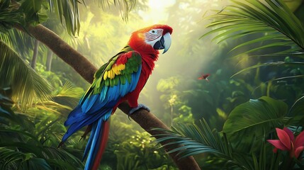 Colorful macaw parrot in the jungle. macaw parrot with colorful plumage and a long tail sitting on the tree branch. colorful parrot in the rain forest, wildlife and nature concept