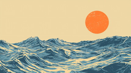 Sun setting over powerful ocean waves with dramatic blue tones and a vibrant orange sun backdrop.