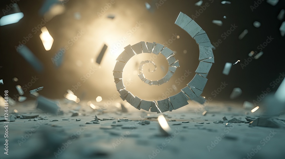 Poster textured design of broken clock pieces merging into infinity loop illuminated by soft glowing light