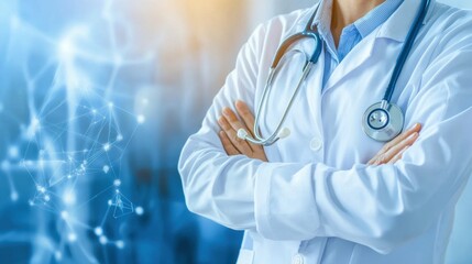 Confident doctor with stethoscope crossing arms in medical setting