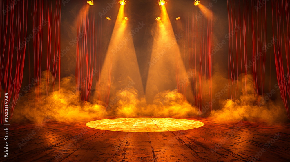 Poster bright spotlight illuminating empty stage with red curtains and fog creating dramatic atmosphere