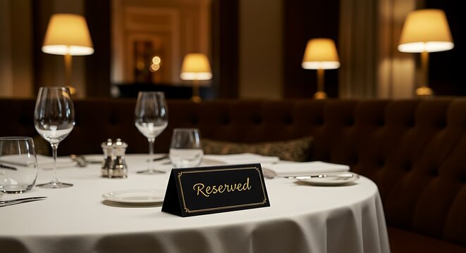 Small gold and black reserved card text sign on a dinner setting on a table in luxury restaurant interior. Fine exclusive dining elegant space reservation, private banquet decoration