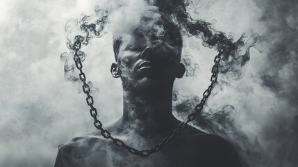 Haunting smoke chains enveloping a silhouetted figure symbolizing the powerful and ominous grip of addiction captivation and inner turmoil  A conceptual surreal and emotive digital artwork