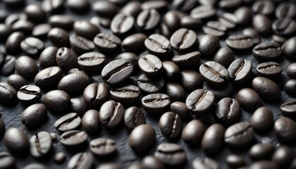 Granos de caf&eacute; esparcidos sobre una superficie oscura y texturizada. El fondo presenta una apariencia rugosa, parecida a una pizarra, con l&iacute;neas y patrones visibles
