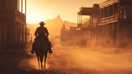 riding through a dusty western town as the setting sun casts long shadows over the scene, evoking a classic wild west vibe