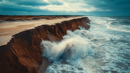A dramatic shot of coastal cliffs eroding as waves crash against the shore, with the land visibly crumbling into the ocean