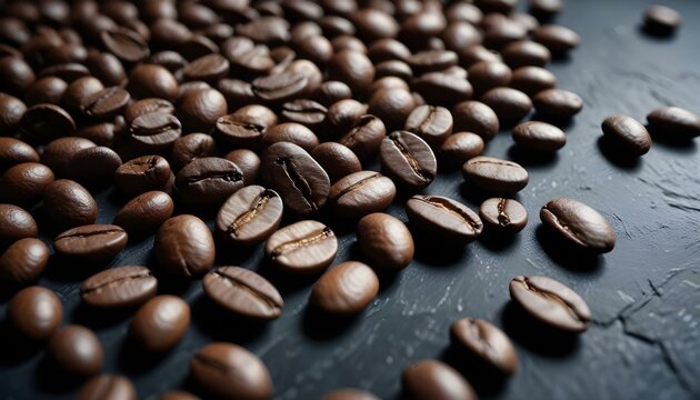 Granos de caf&eacute; esparcidos sobre una superficie oscura y texturizada. El fondo presenta una apariencia rugosa, parecida a una pizarra, con l&iacute;neas y patrones visibles