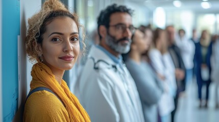 Confident woman in yellow scarf among diverse medical professionals in hospital corridor