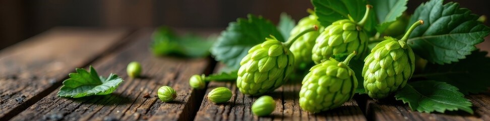 Obraz premium Lush green hop cones scattered on a dark wood surface , texture, cones