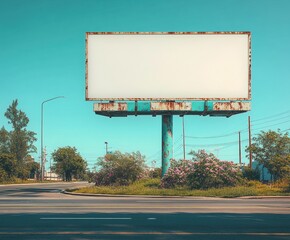 Rustic vintage billboard on suburban street surrounded by lush greenery and blue sky