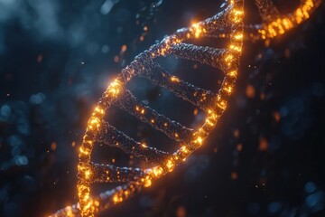 Glowing dna strand on dark background: intricate biotech and genetic design