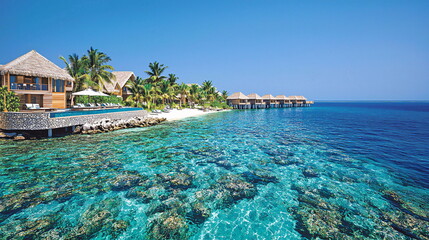 Fototapeta premium Serene tropical beach with clear blue water, sandy shores, and luxury overwater bungalows.