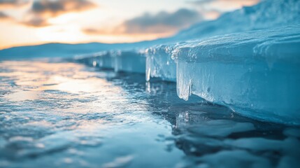 A close-up image of an ice cap melting, with cracks visible in the ice and water pooling beneath, highlighting the slow process of glacial retreat.