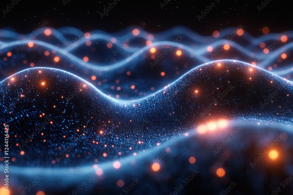 Poster abstract digital landscape with glowing waves and particles.