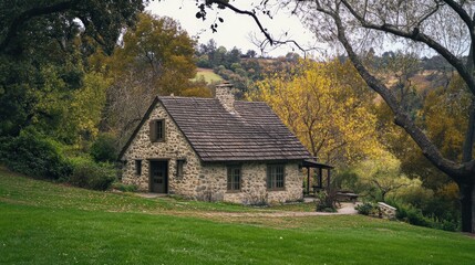 cottage with a traditional design, featuring a stone exterior, sloping roof, and a charming front porch
