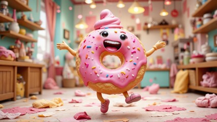 Obraz premium A cartoon character in a pink donut is jumping in a messy room