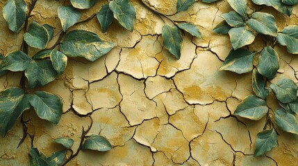 Obraz premium A close-up view of dry, cracked soil with sparse patches of vegetation, illustrating the slow process of desertification affecting once-productive farmland.