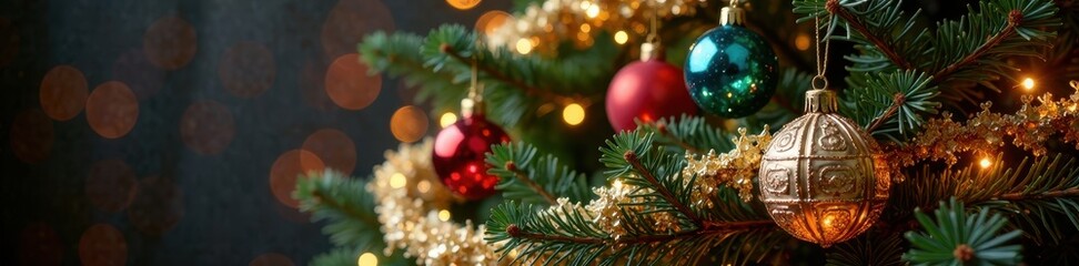Ornate Christmas tree with shimmering ornaments & garland, twinkling lights , christmas decorations, garland