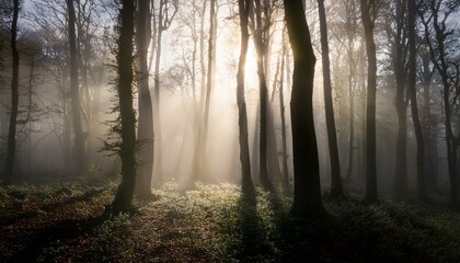 Obraz premium 안개 자욱한 숲속에서 빛을 향해 뻗어나가는 나뭇가지들의 실루엣