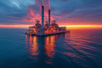 A view of an oil refinery plant within an industrial area against a sunset sky