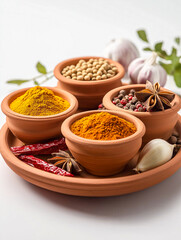 Various spices, peppers and herbs close-up top view. A set of peppers and spices for cooking. Isolated on white background