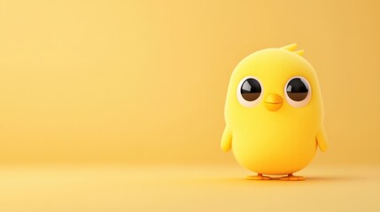 Fototapeta premium Cute yellow chick character stands cheerfully on a vibrant yellow backdrop, embodying a playful design element for game development