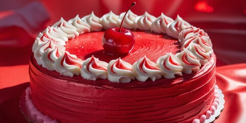 Vibrant red Valentine's Day cake with glossy cherry topping on a bright red background