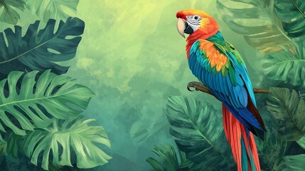 Fototapeta premium Colorful macaw parrot in the jungle. macaw parrot with colorful plumage and a long tail sitting on the tree branch. colorful parrot in the rain forest, wildlife and nature concept