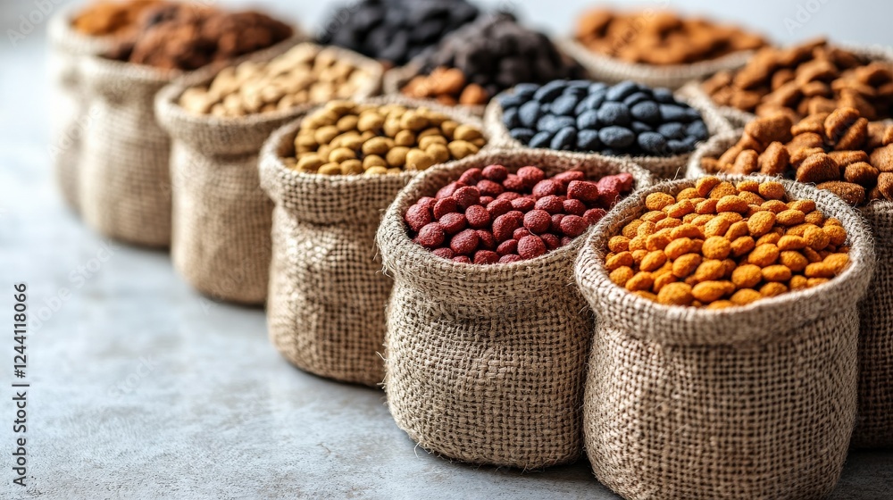 Aufkleber assorted colorful nuts and seeds in burlap sacks arranged neatly on a rustic surface