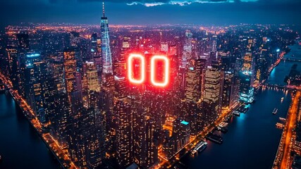 Aerial view of a vibrant city skyline at night with digital clock display - Powered by Adobe
