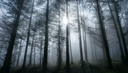 안개 자욱한 숲속에서 빛을 향해 뻗어나가는 나뭇가지들의 실루엣