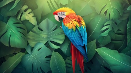 Obraz premium Colorful macaw parrot in the jungle. macaw parrot with colorful plumage and a long tail sitting on the tree branch. colorful parrot in the rain forest, wildlife and nature concept