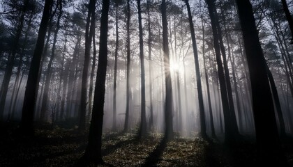 Naklejka premium 안개 자욱한 숲속에서 빛을 향해 뻗어나가는 나뭇가지들의 실루엣
