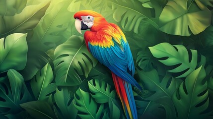 Fototapeta premium Colorful macaw parrot in the jungle. macaw parrot with colorful plumage and a long tail sitting on the tree branch. colorful parrot in the rain forest, wildlife and nature concept
