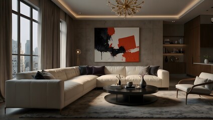Living room with off-white sectional sofa, round coffee table, modern art painting, and cityscape views through a large window

