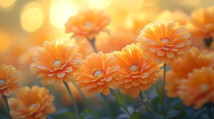 Golden Hour Dahlias: A cluster of vibrant orange dahlias bathed in the warm glow of the setting sun, their petals glistening with dew. The bokeh effect creates a dreamy, romantic atmosphere. 