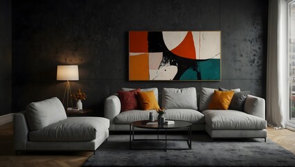 Modern living room with grey sectional sofa, colorful pillows, and abstract painting on the wall

